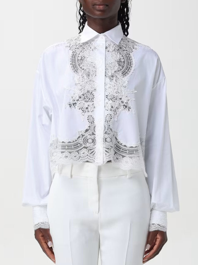 Floral Lace White Cotton Cropped Shirt - Tops