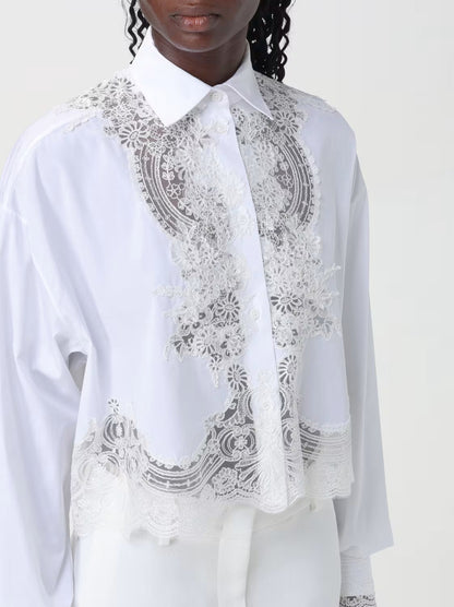 Floral Lace White Cotton Cropped Shirt - Tops