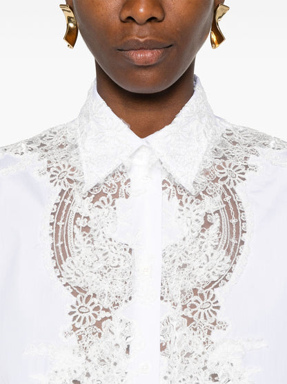 Floral Lace White Cotton Shirt - Tops