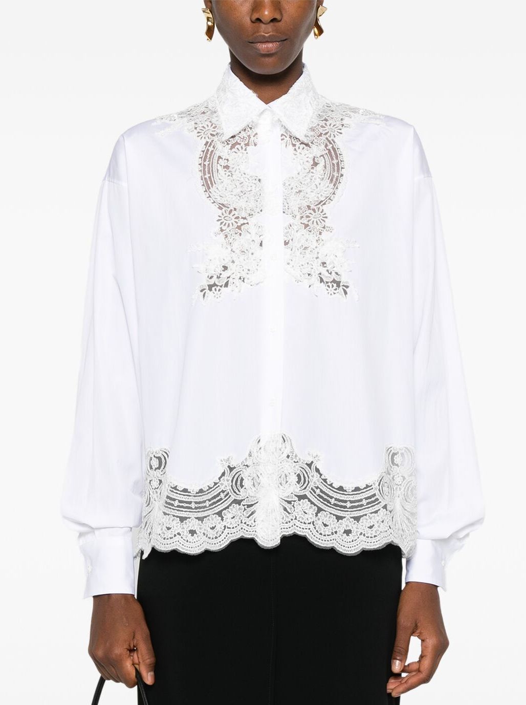 Floral Lace White Cotton Shirt - Tops