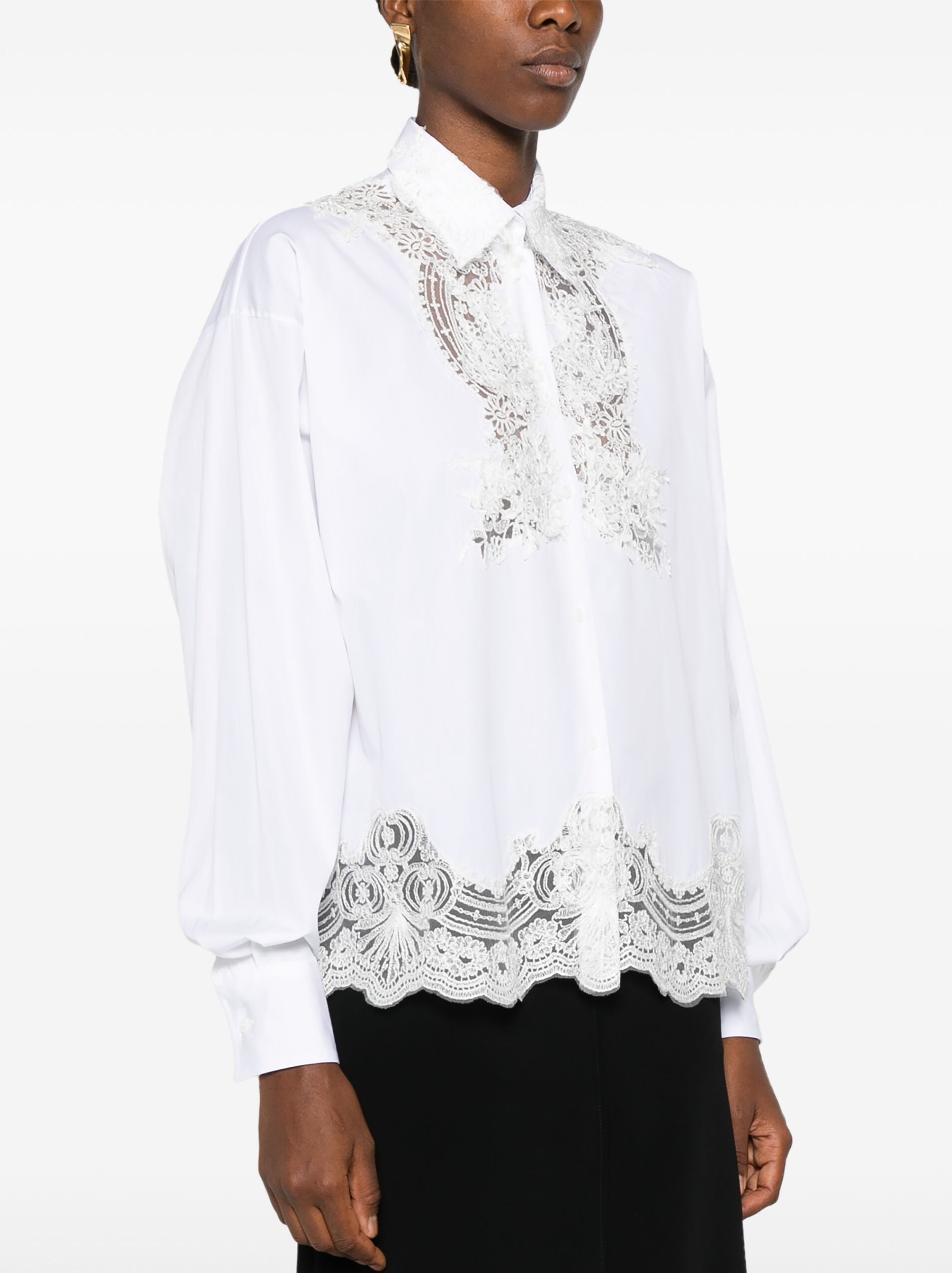 Floral Lace White Cotton Shirt - Tops