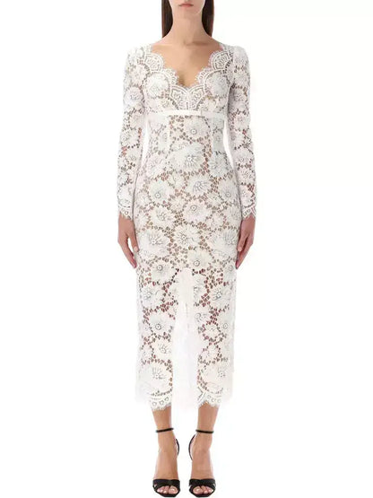 Floral Lace White Long-Sleeve Midi Dress - S - Dresses