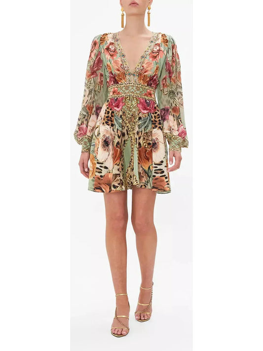 Floral Leopard Short Dress with Blouson Sleeves - Dresses