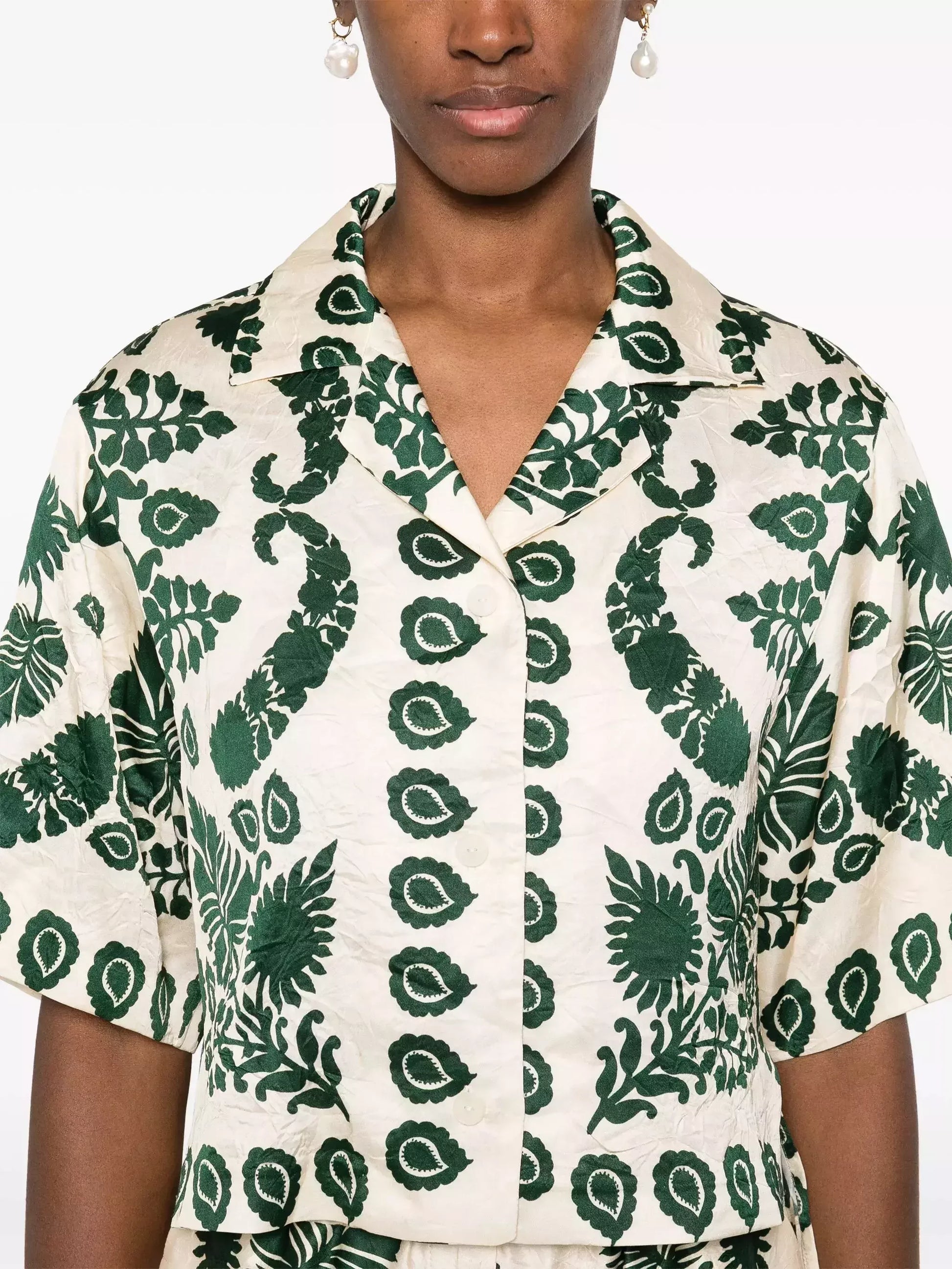 Floral Motif Cropped Short-Sleeve Shirt - Tops