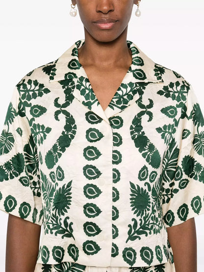 Floral Motif Cropped Short-Sleeve Shirt - Tops