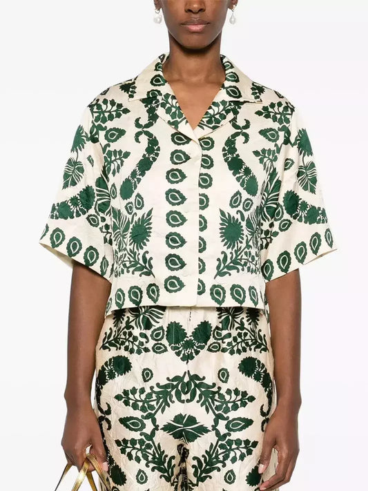 Floral Motif Cropped Short-Sleeve Shirt - Small - Tops