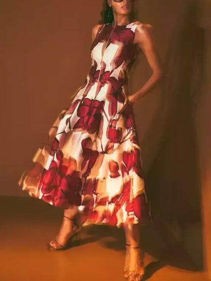 Floral Paneled Front Zip A-Line Midi Dress - Dresses