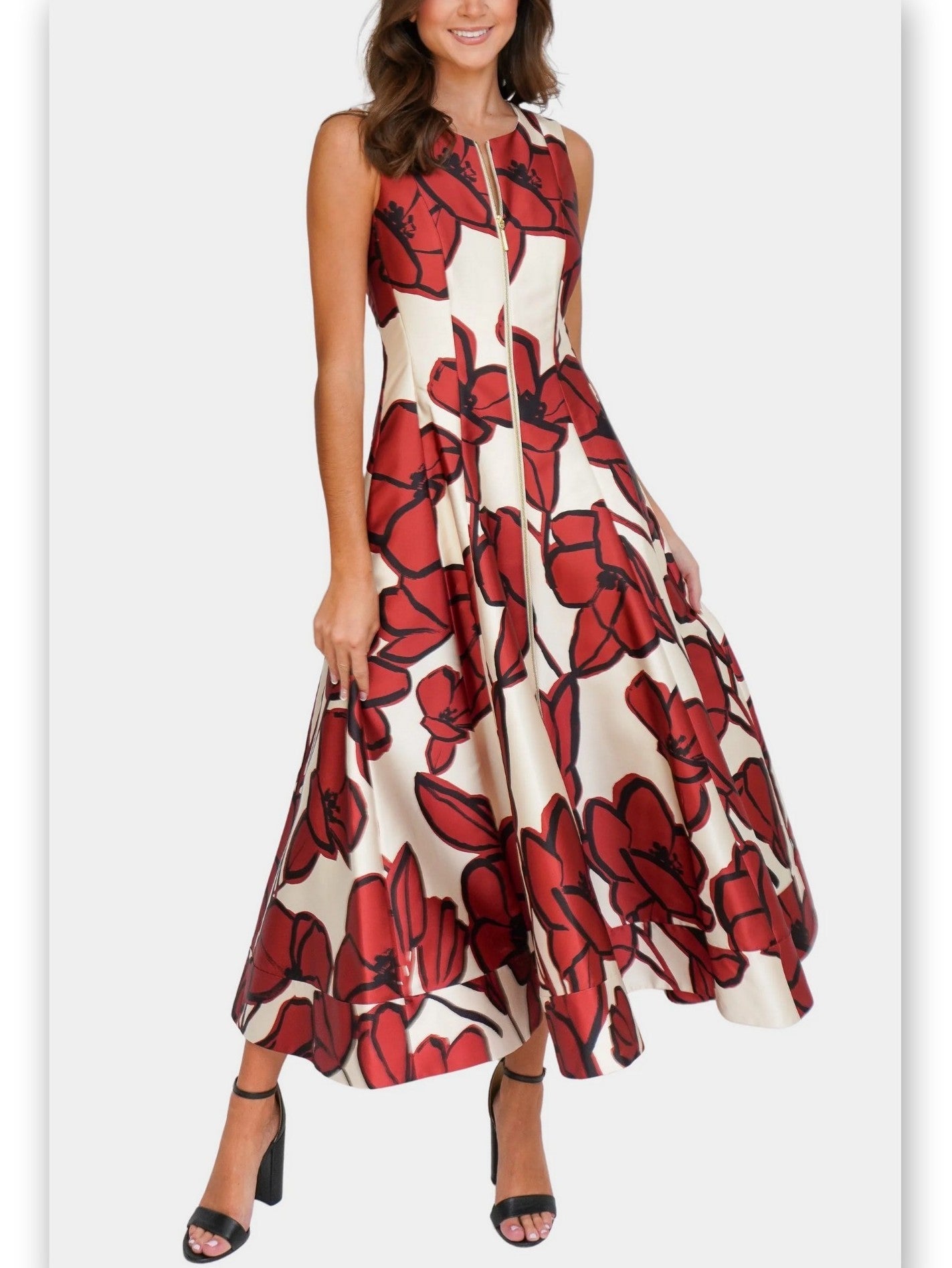 Floral Paneled Front Zip A-Line Midi Dress - Dresses