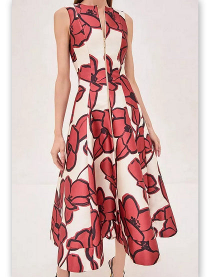 Floral Paneled Front Zip A-Line Midi Dress - Dresses