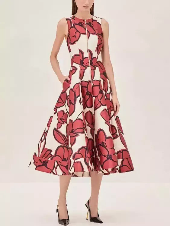 Floral Paneled Front Zip A-Line Midi Dress - Dresses