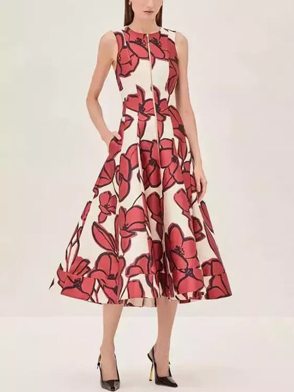 Floral Paneled Front Zip A-Line Midi Dress - Dresses