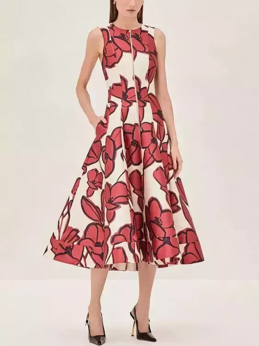 Floral Paneled Front Zip A-Line Midi Dress - Dresses