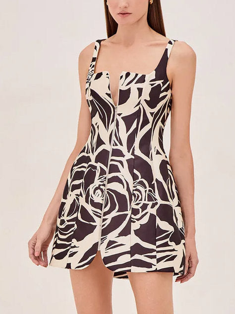 Floral Paneled Front Zip Dress in Black & White - Dresses