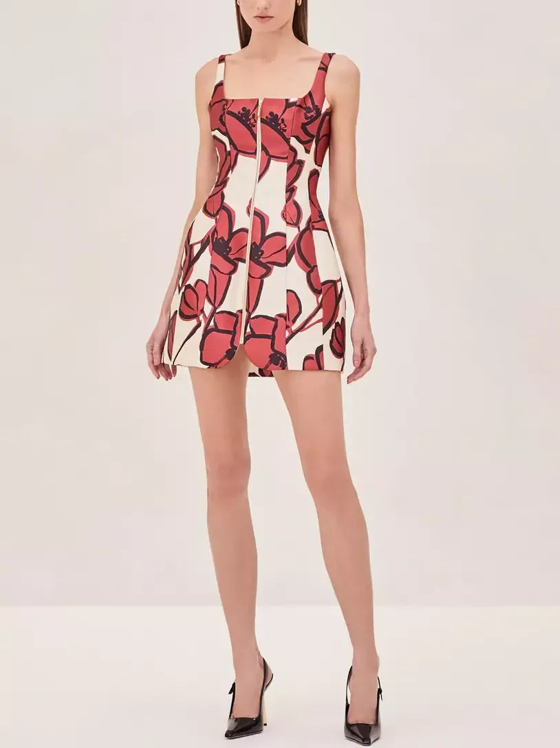 Floral Paneled Front Zip Dress in Red & White - Dresses