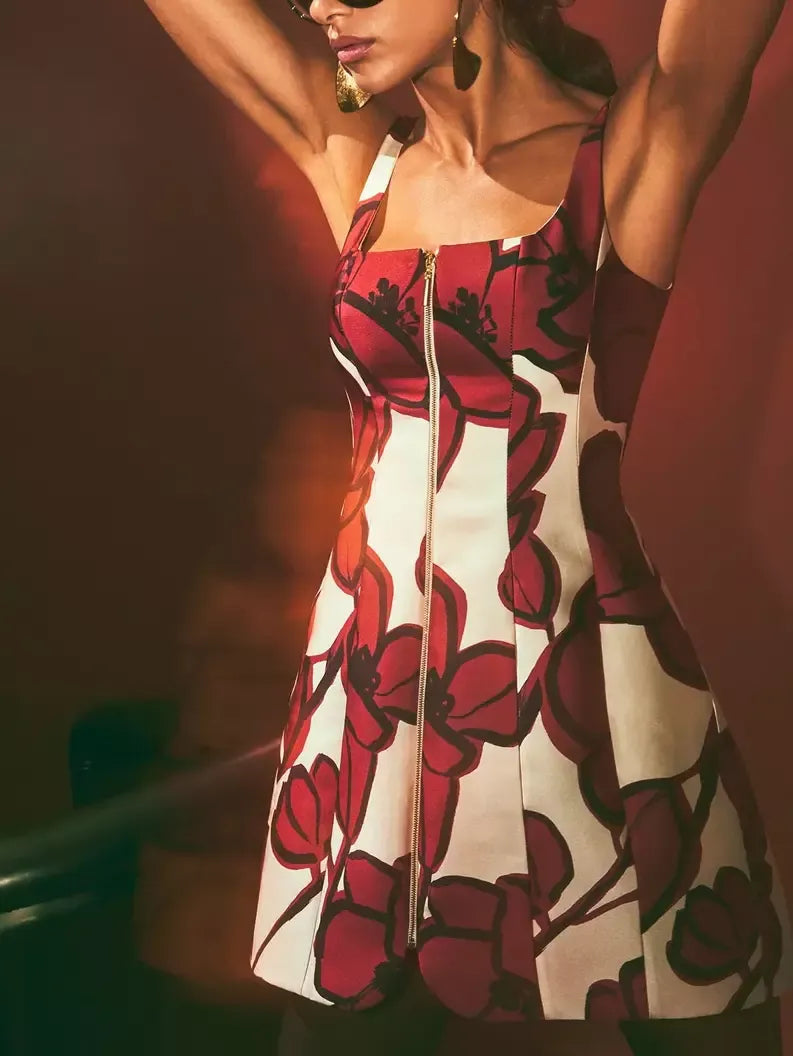 Floral Paneled Front Zip Dress in Red & White - Dresses