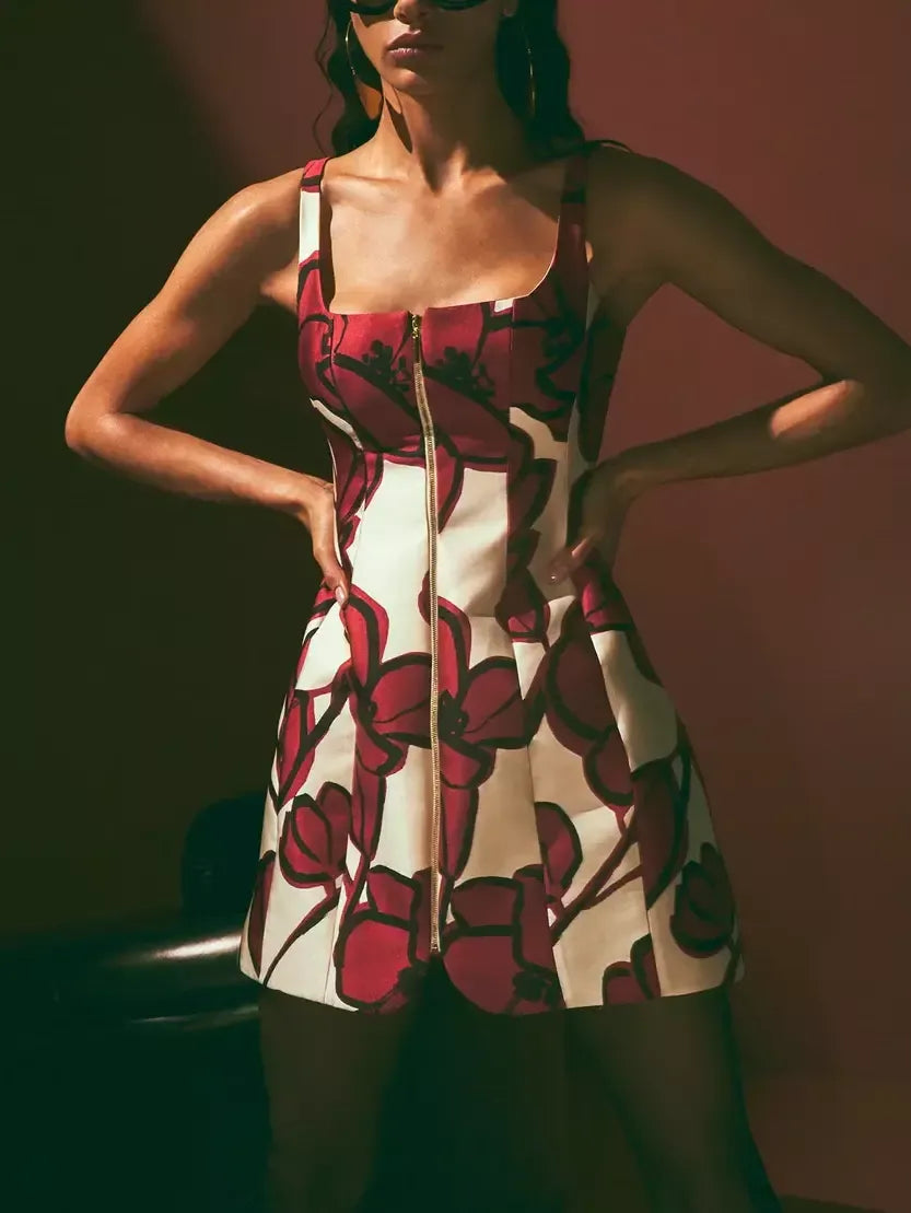 Floral Paneled Front Zip Dress in Red & White - Dresses