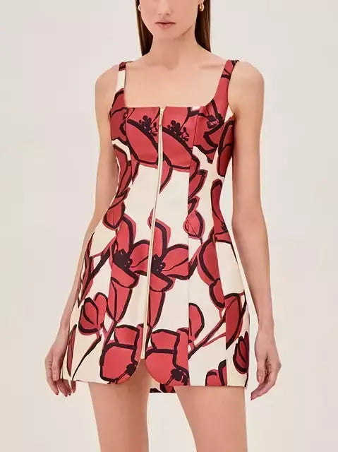 Floral Paneled Front Zip Dress in Red & White - Dresses