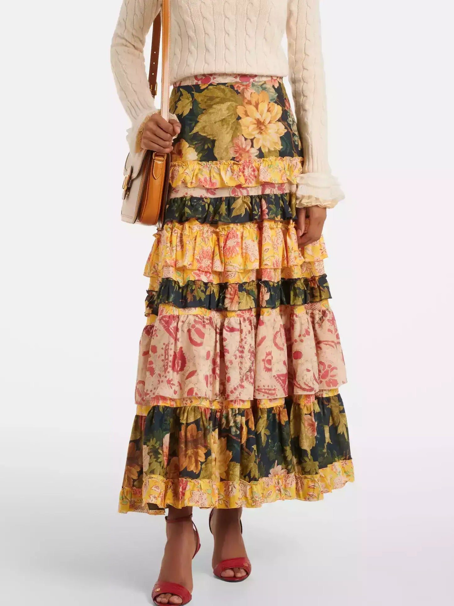 Floral Patchwork Tiered Cotton Maxi Skirt - S - Skirts