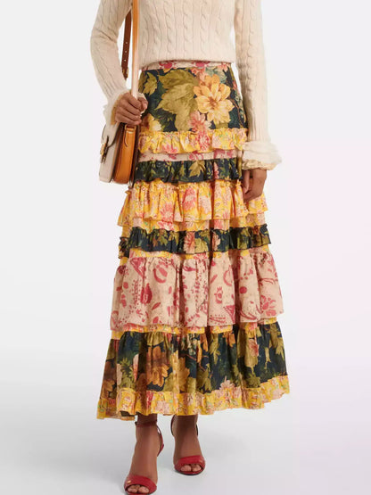 Floral Patchwork Tiered Cotton Maxi Skirt - S - Skirts