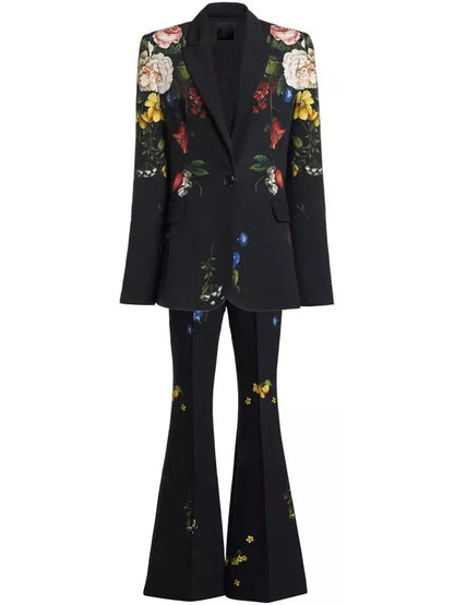 Floral-Print Black Blazer and Pant Suit - s - Suits & Sets