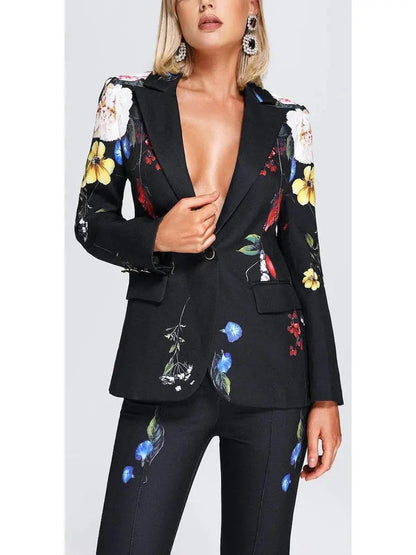 Floral-Print Black Blazer and Pant Suit - Suits & Sets