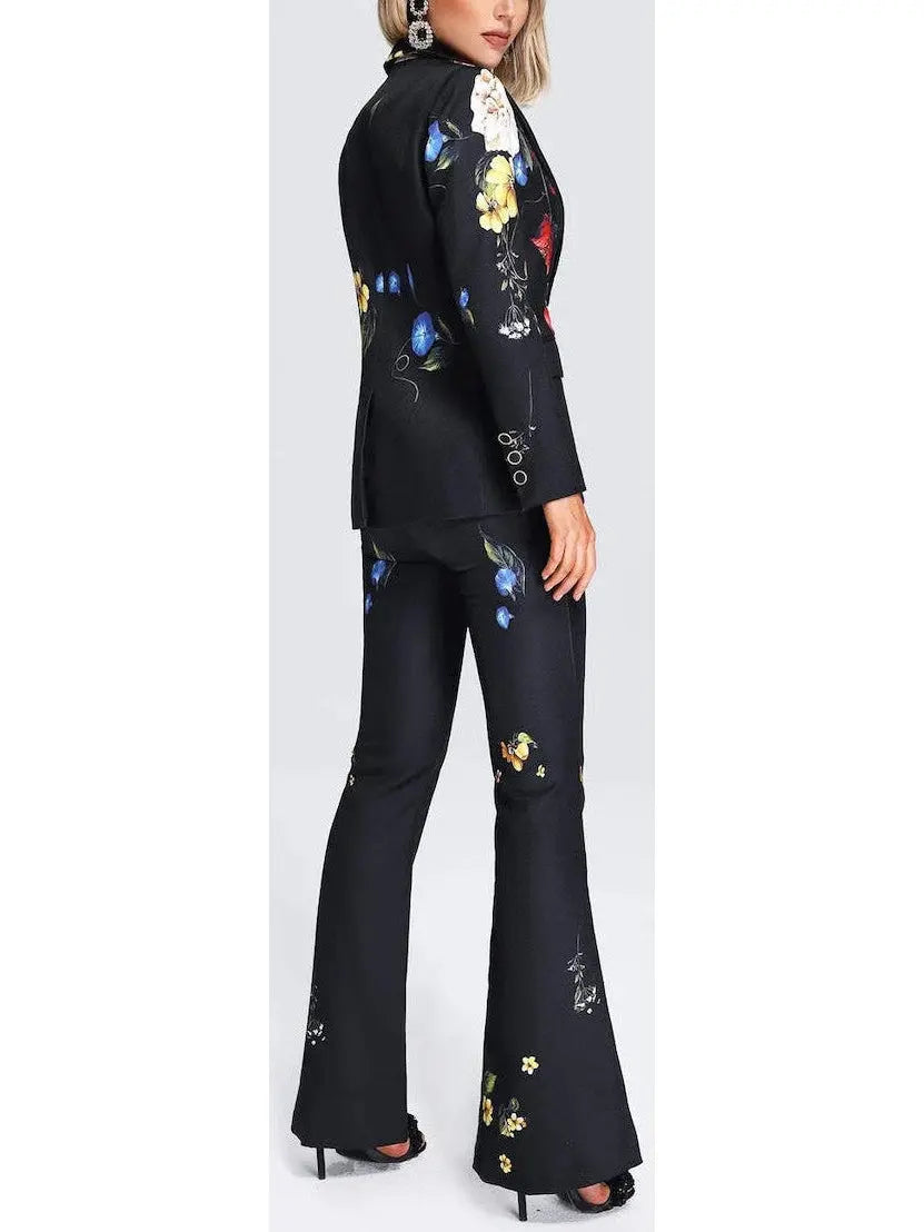 Floral-Print Black Blazer and Pant Suit - Suits & Sets