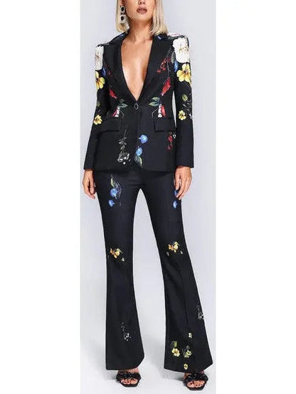 Floral-Print Black Blazer and Pant Suit - Suits & Sets