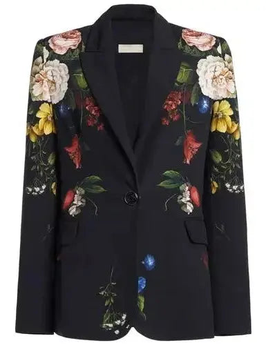 Floral-Print Black Blazer and Pant Suit - Suits & Sets