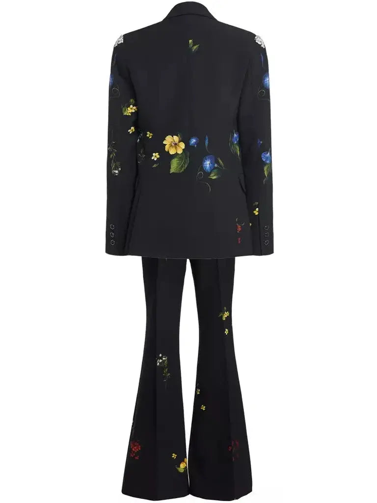 Floral-Print Black Blazer and Pant Suit - Suits & Sets