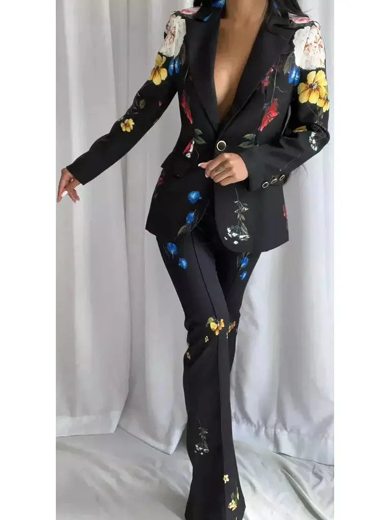 Floral-Print Black Blazer and Pant Suit - Suits & Sets