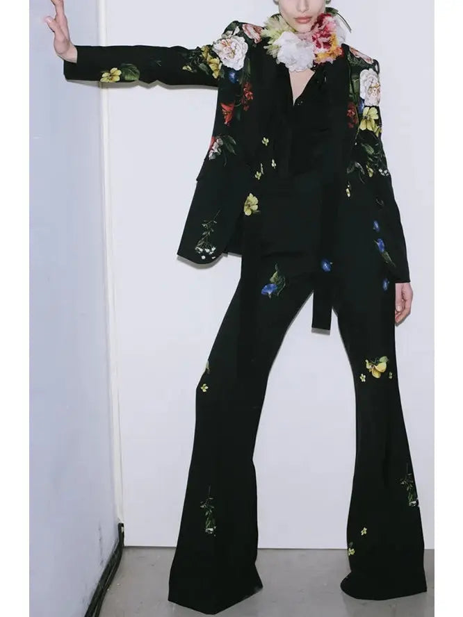 Floral-Print Black Blazer and Pant Suit - Suits & Sets