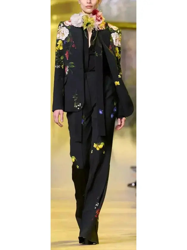 Floral-Print Black Blazer and Pant Suit - Suits & Sets