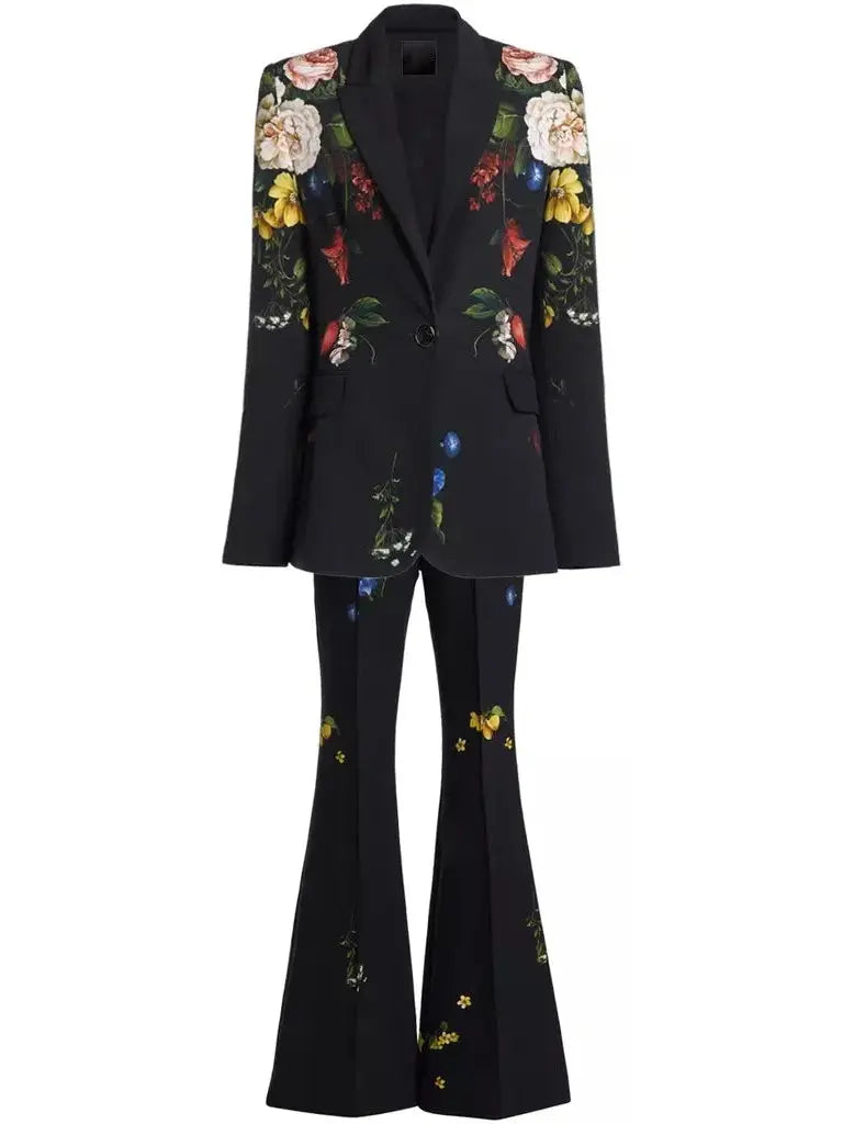 Floral-Print Black Blazer and Pant Suit - Suits & Sets