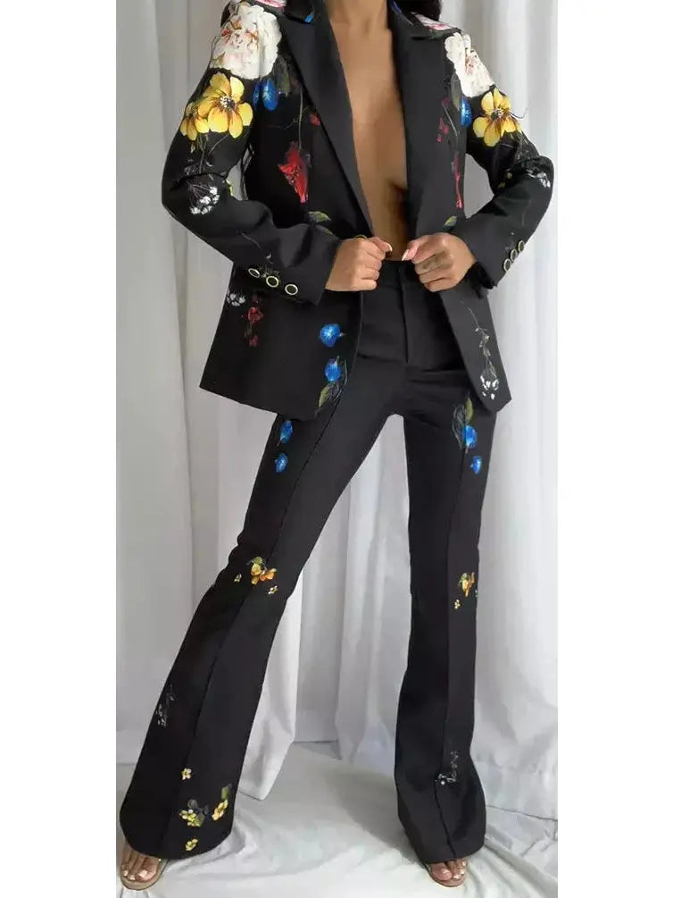 Floral-Print Black Blazer and Pant Suit - Suits & Sets