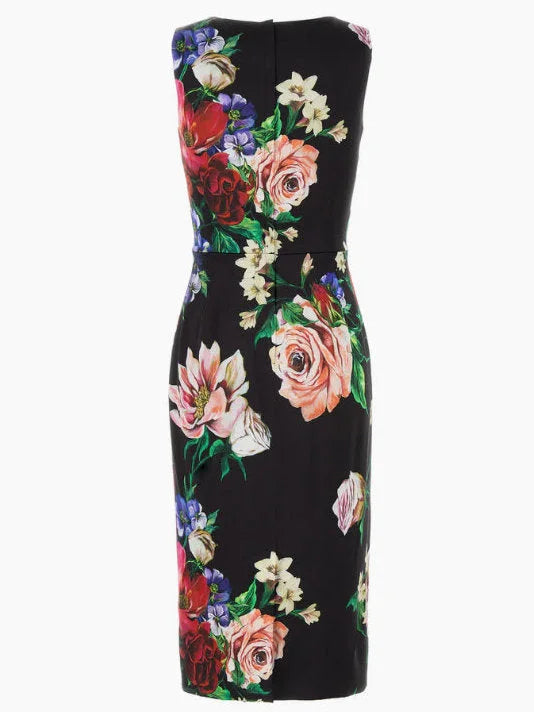 Floral Print Black Satin Sleeveless Midi Dress - Dresses