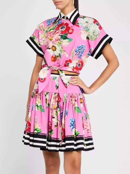 Floral Print Cropped Pink Shirt and Flared Skirt Set - Suits & Sets