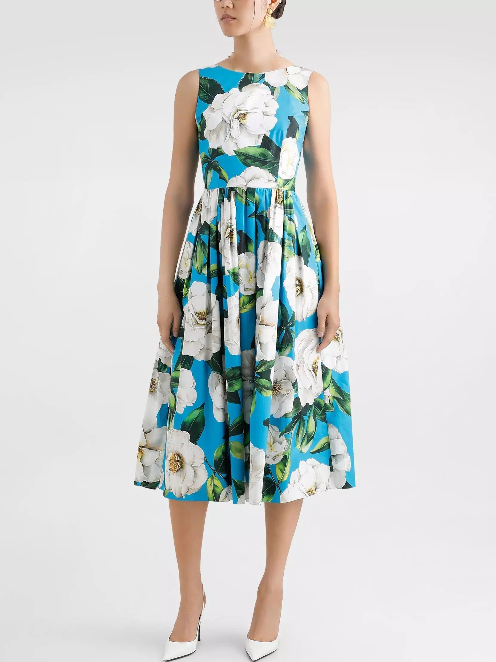 Floral Print Fit and Flare Sleeveless Cotton Dress - Dresses