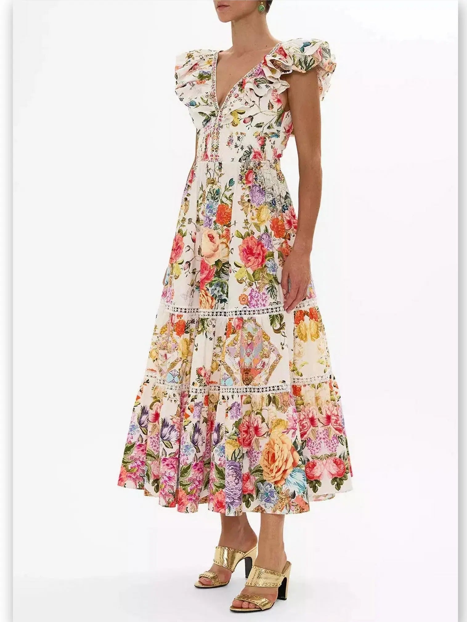 Floral-Print Frill-Sleeve Cotton Tiered Dress - Dresses