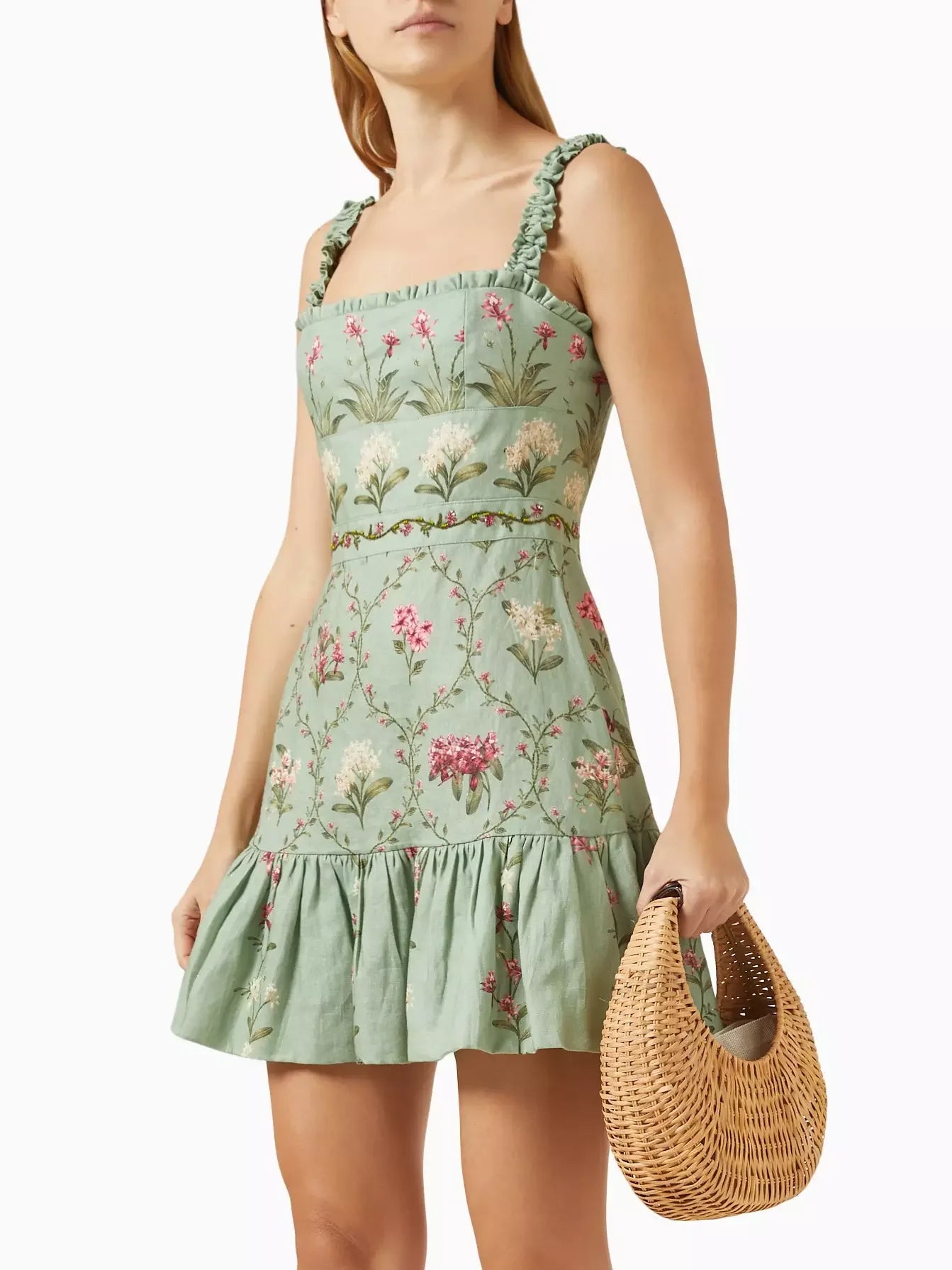 Floral-Print Green Linen Mini Dress - Dresses
