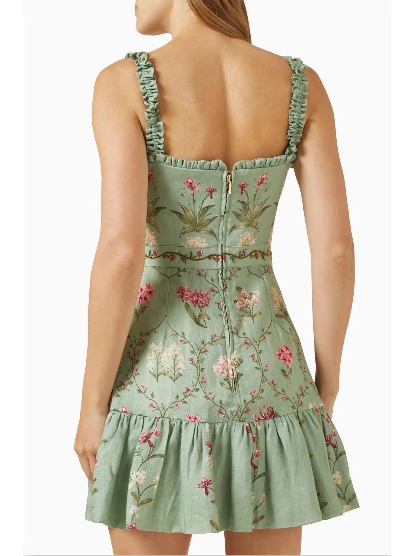 Floral-Print Green Linen Mini Dress - Dresses