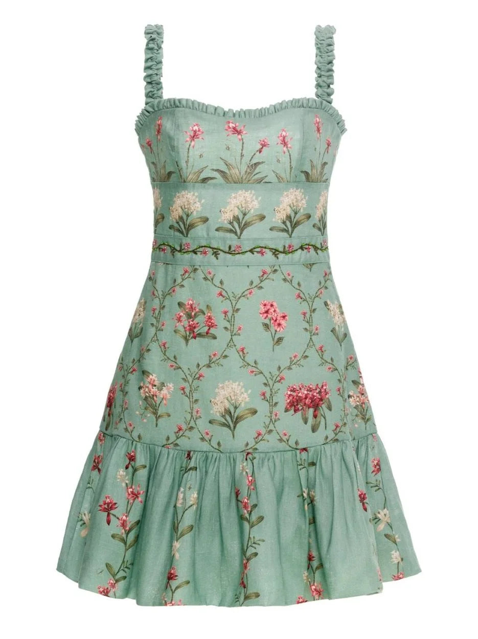 Floral-Print Green Linen Mini Dress - S - Dresses