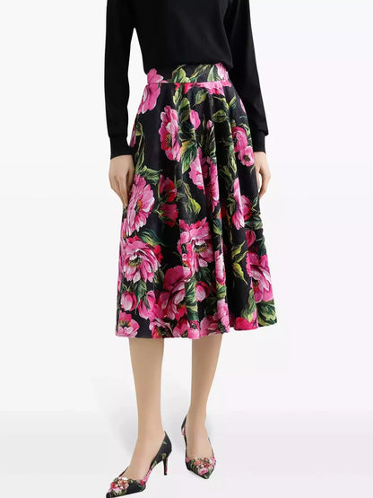 Floral Print Jacquard Circle Skirt - Skirts