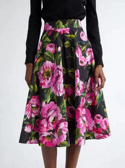 Floral Print Jacquard Circle Skirt - S - Skirts