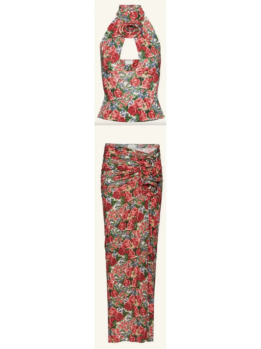 Floral Print Keyhole Halter Top and Draped Skirt Set - Suits & Sets