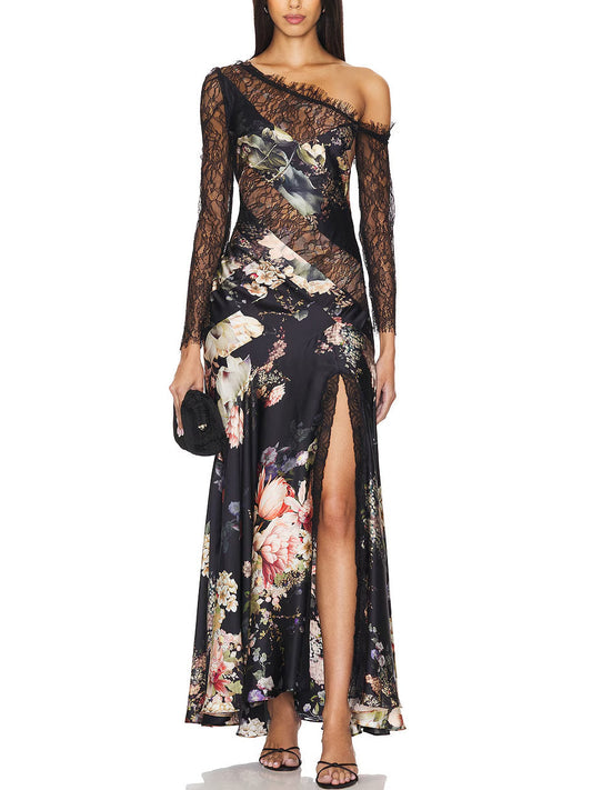 Floral-Print Lace-Paneled One-Shoulder Maxi Dress showcasing elegant floral and lace design