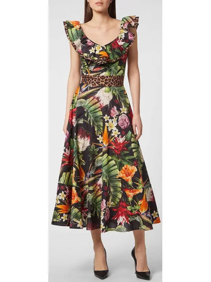 Floral Print Leopard-Trim Flared Dress Black and Multi Colored - Dresses