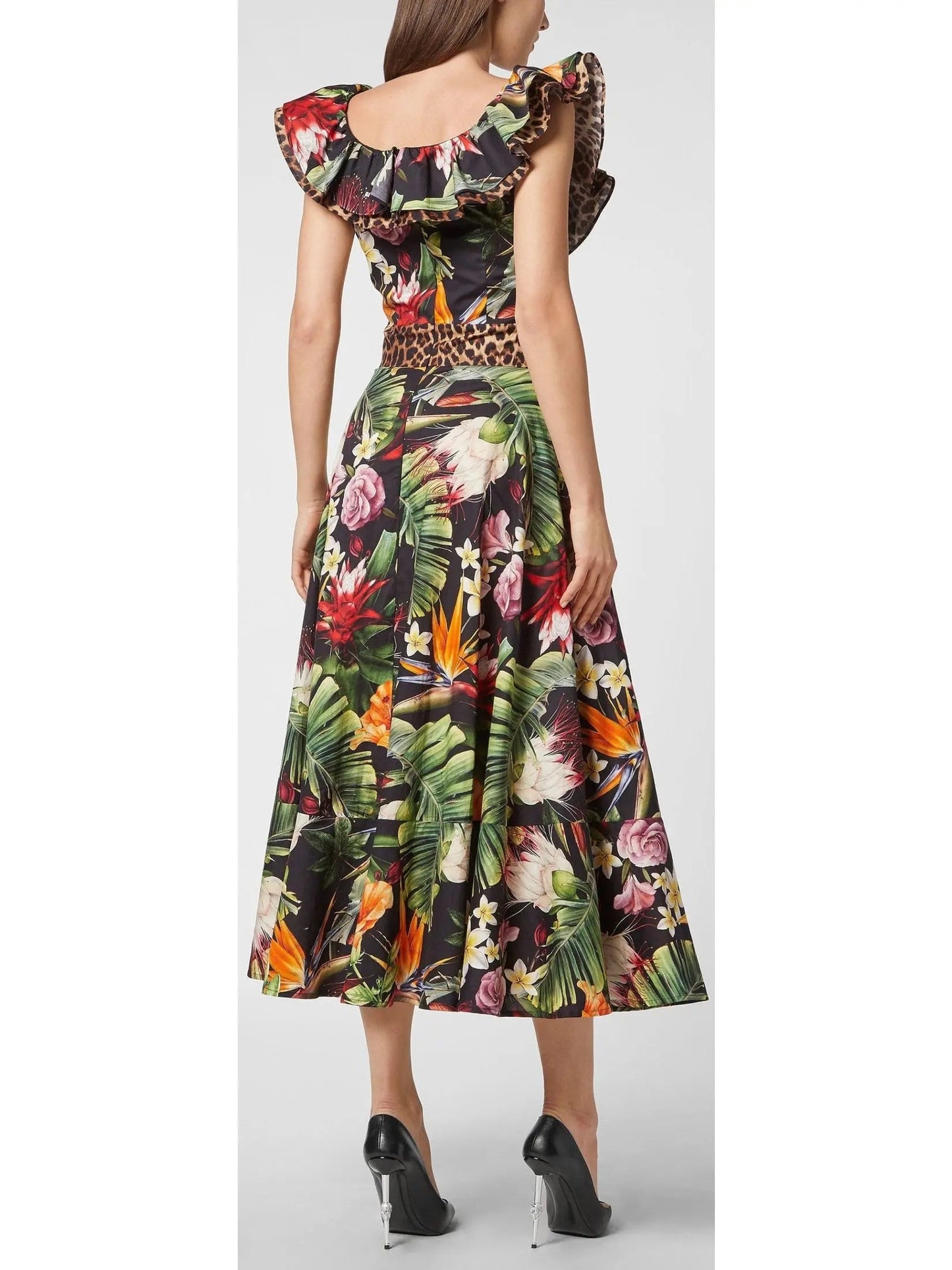 Floral Print Leopard-Trim Flared Dress Black and Multi Colored - Dresses