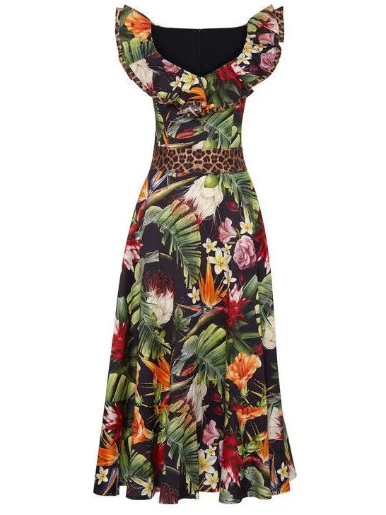 Floral Print Leopard-Trim Flared Dress Black and Multi Colored - Dresses