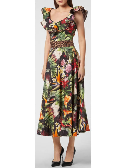 Floral Print Leopard-Trim Flared Dress Black and Multi Colored - s - Dresses