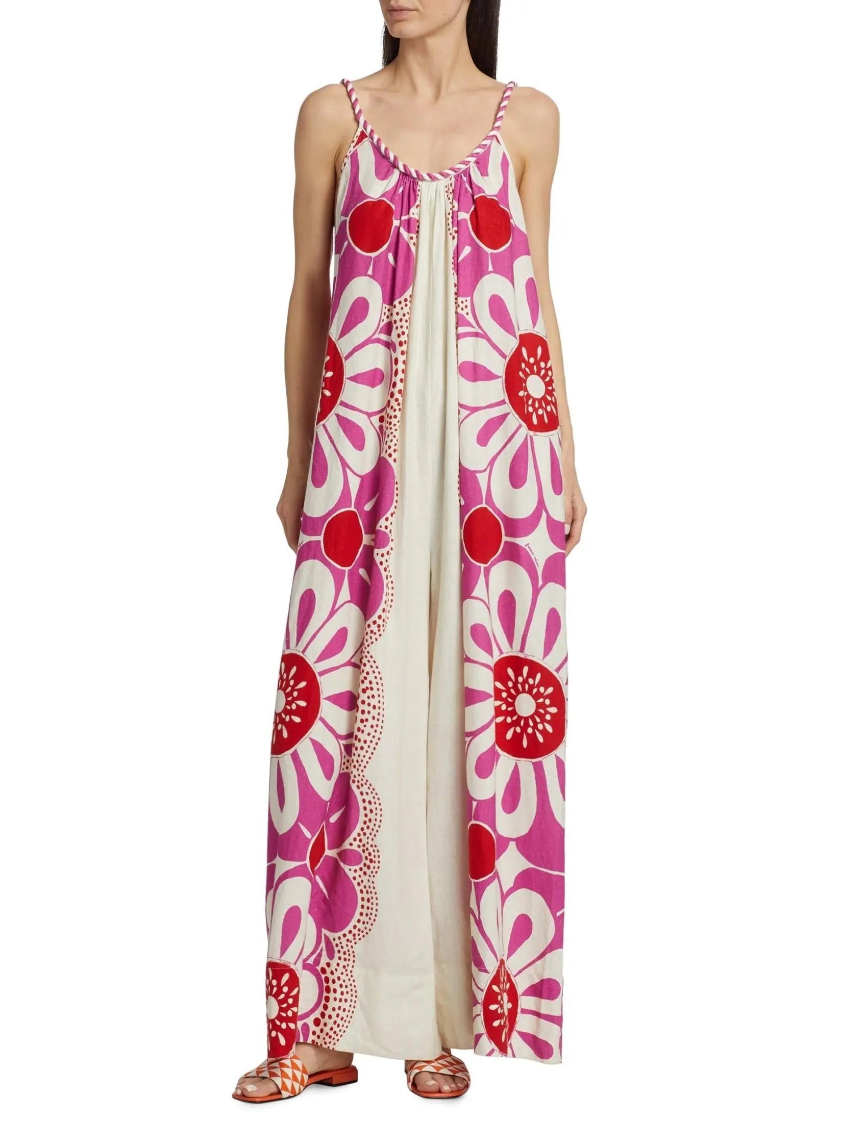 Floral Print Linen and Cotton Long Sleeveless Jumpsuit - Suits & Sets